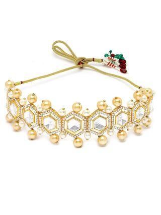 Karatcart Golden Pearl Studded Polki Kundan Choker Necklace Set for Women