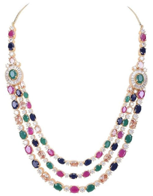 Diamond Fashion Jewellery Red Green Blue White Multi Layer Necklace Set with Earring for Women/Girls