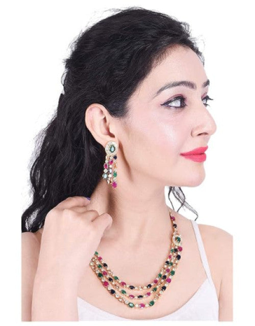 Diamond Fashion Jewellery Red Green Blue White Multi Layer Necklace Set with Earring for Women/Girls